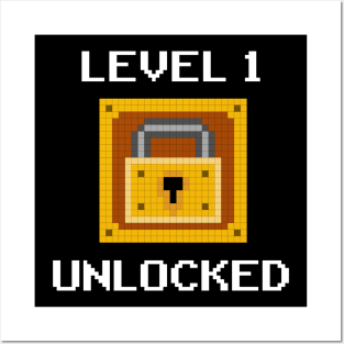 Level 1 Unlocked 1st Birthday Boy Gamer Gift Pixel Art Posters and Art